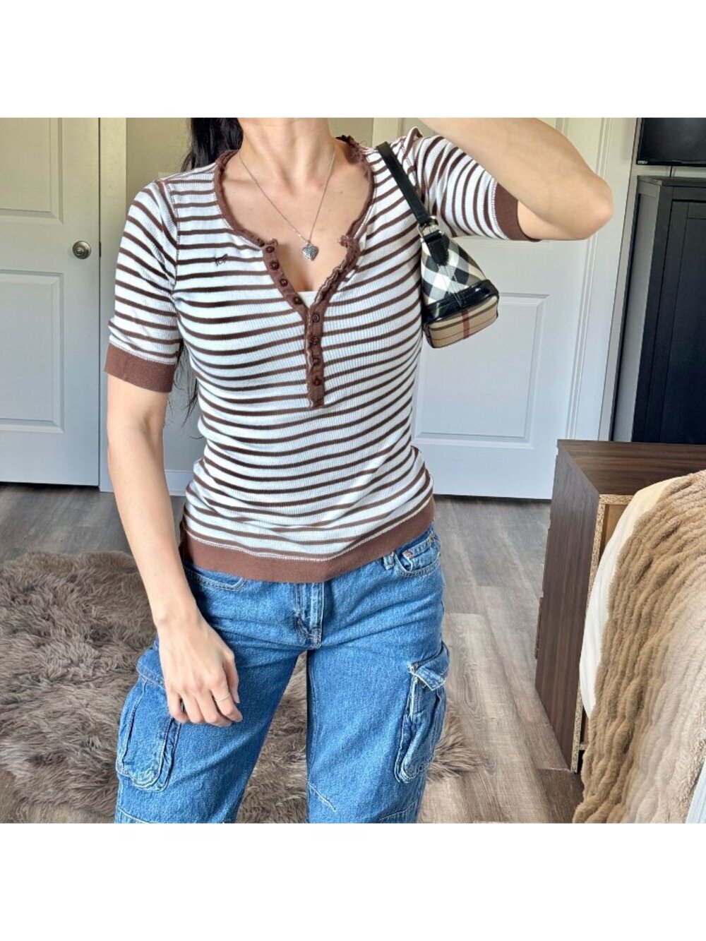 Y2K Indie Grunge Striped Henley US Polo Assn Baby Tee Distressed Womens M Skater